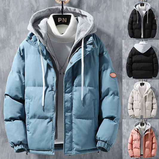 Fashion Hooded Jacket Men Winter Windproof Thickened Fake Two-piece Coat Solid Leisure Sports Cotton Jacket - Blondies Flips Gear and Clothing