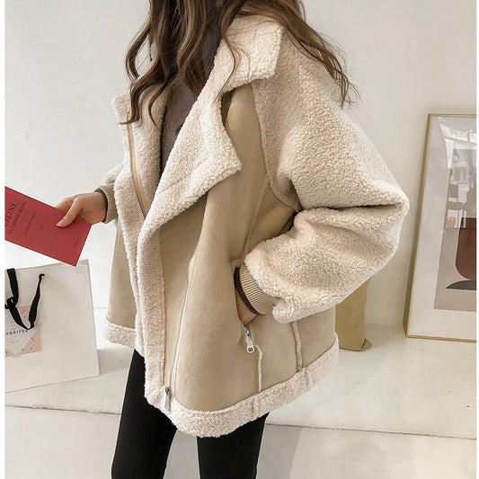 Suede Jacket Women Short Lamb Velvet Motorcycle Jacket - Blondies Flips Gear and Clothing