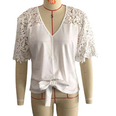 V - Neck Sexy Lace Hollow - Out Solid Color Three - Quarter Sleeve Chiffon Commuter Blouse - Blondies Flips Gear and Clothing
