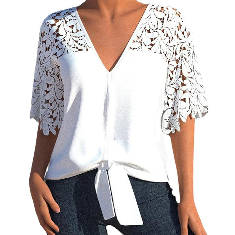 V - Neck Sexy Lace Hollow - Out Solid Color Three - Quarter Sleeve Chiffon Commuter Blouse - Blondies Flips Gear and Clothing
