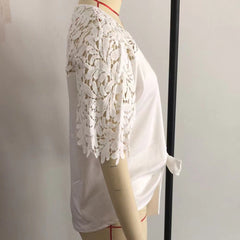 V - Neck Sexy Lace Hollow - Out Solid Color Three - Quarter Sleeve Chiffon Commuter Blouse - Blondies Flips Gear and Clothing