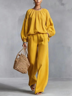 Women's Cotton - Linen Lantern - Sleeve Wide - Leg Pants Set - Blondies Flips Gear and Clothing
