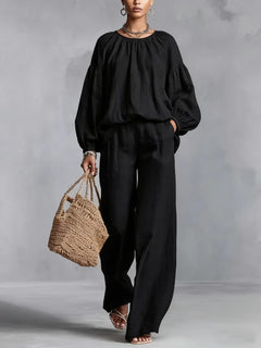 Women's Cotton - Linen Lantern - Sleeve Wide - Leg Pants Set - Blondies Flips Gear and Clothing