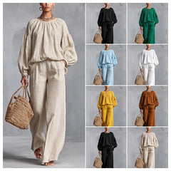 Women's Cotton - Linen Lantern - Sleeve Wide - Leg Pants Set - Blondies Flips Gear and Clothing