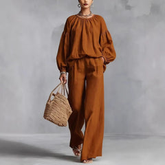 Women's Cotton - Linen Lantern - Sleeve Wide - Leg Pants Set - Blondies Flips Gear and Clothing