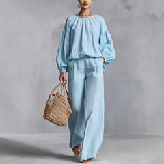 Women's Cotton - Linen Lantern - Sleeve Wide - Leg Pants Set - Blondies Flips Gear and Clothing