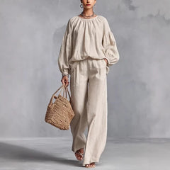 Women's Cotton - Linen Lantern - Sleeve Wide - Leg Pants Set - Blondies Flips Gear and Clothing
