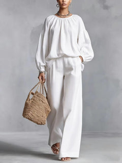 Women's Cotton - Linen Lantern - Sleeve Wide - Leg Pants Set - Blondies Flips Gear and Clothing