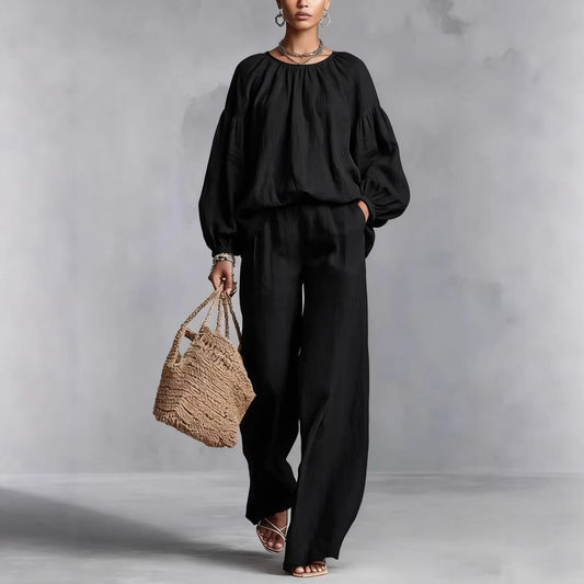 Women's Cotton - Linen Lantern - Sleeve Wide - Leg Pants Set - Blondies Flips Gear and Clothing