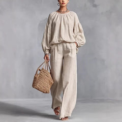 Women's Cotton - Linen Lantern - Sleeve Wide - Leg Pants Set - Blondies Flips Gear and Clothing
